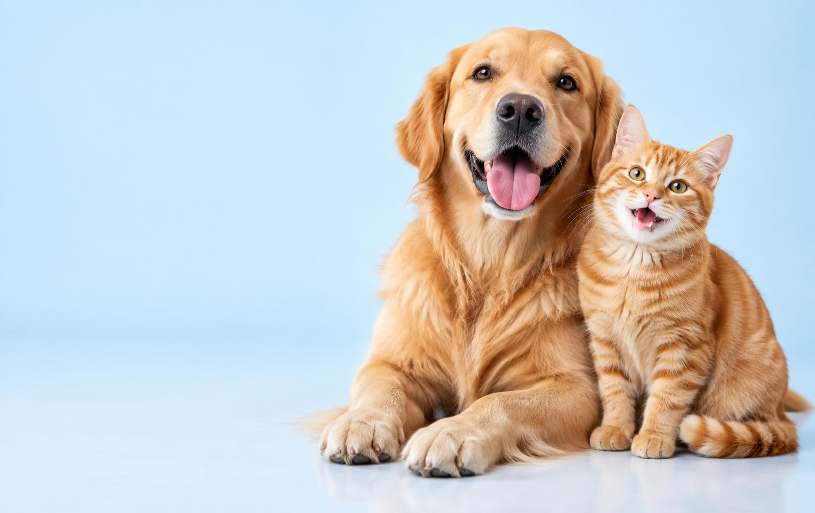 Cão golden retriever e gato felizes juntos